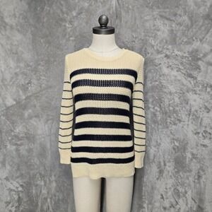 Ann Taylor Striped Knit Sweater Cream Navy Mesh Zipper Shoulder Women XS Preppy